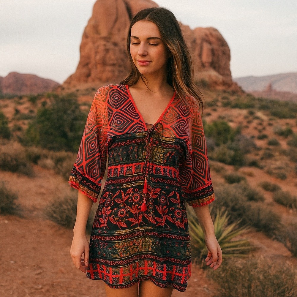 Karma Highway Dress Womens One Size Tunic Bohemian Festival Red‎ Purple  Print